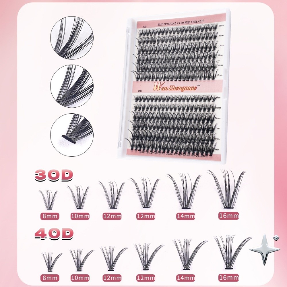 Eyelash Extension Look - 8-16mmの長さのつけまつげ、接着剤とシーラー付き、自然な見た目DIYまつげエクステキット、ウィスピー風クラスターデザインのつけまつげ