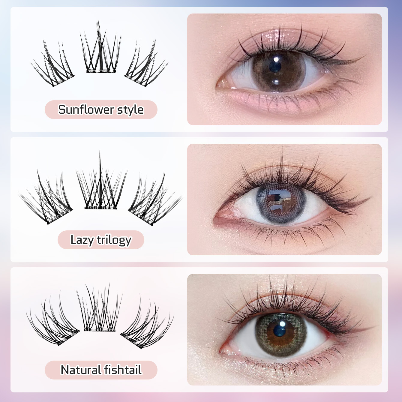 10列の大容量グルーフリーつけまつげ、シングルクラスター、1 - Eyelash Extension C Curl のレビューと価格